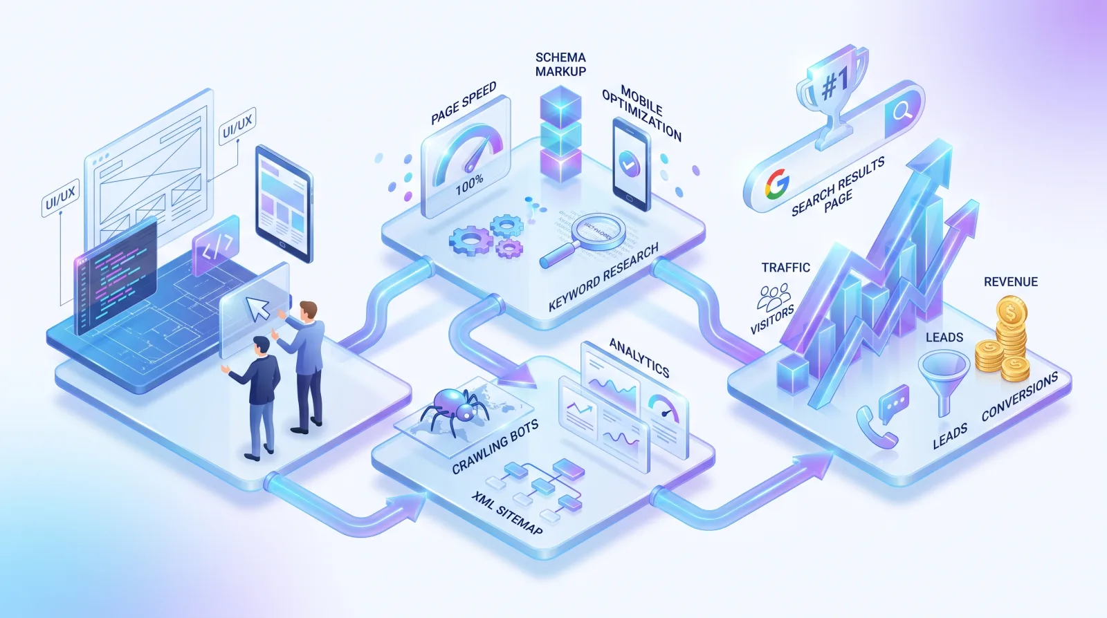 SEO keyword research, page speed, analytics, traffic, leads, and conversion growth illustration for SEO Services for Cafes.