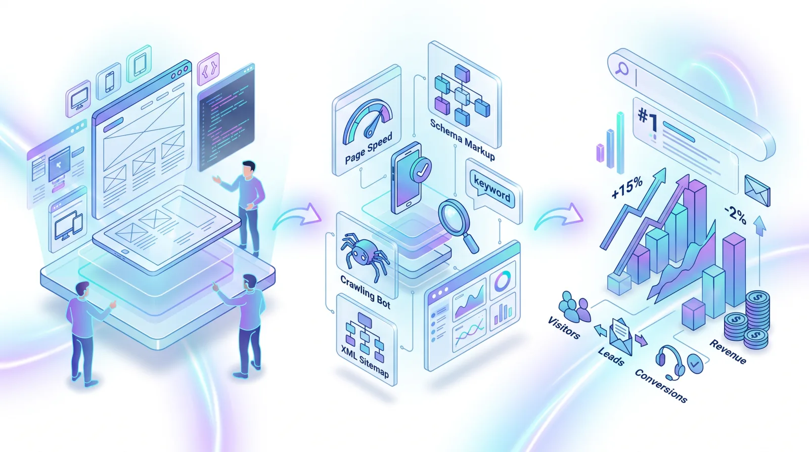 Responsive web design, schema, crawling, sitemap, visitors, leads, conversions, and revenue illustration for Web design and SEO for Plumbers.