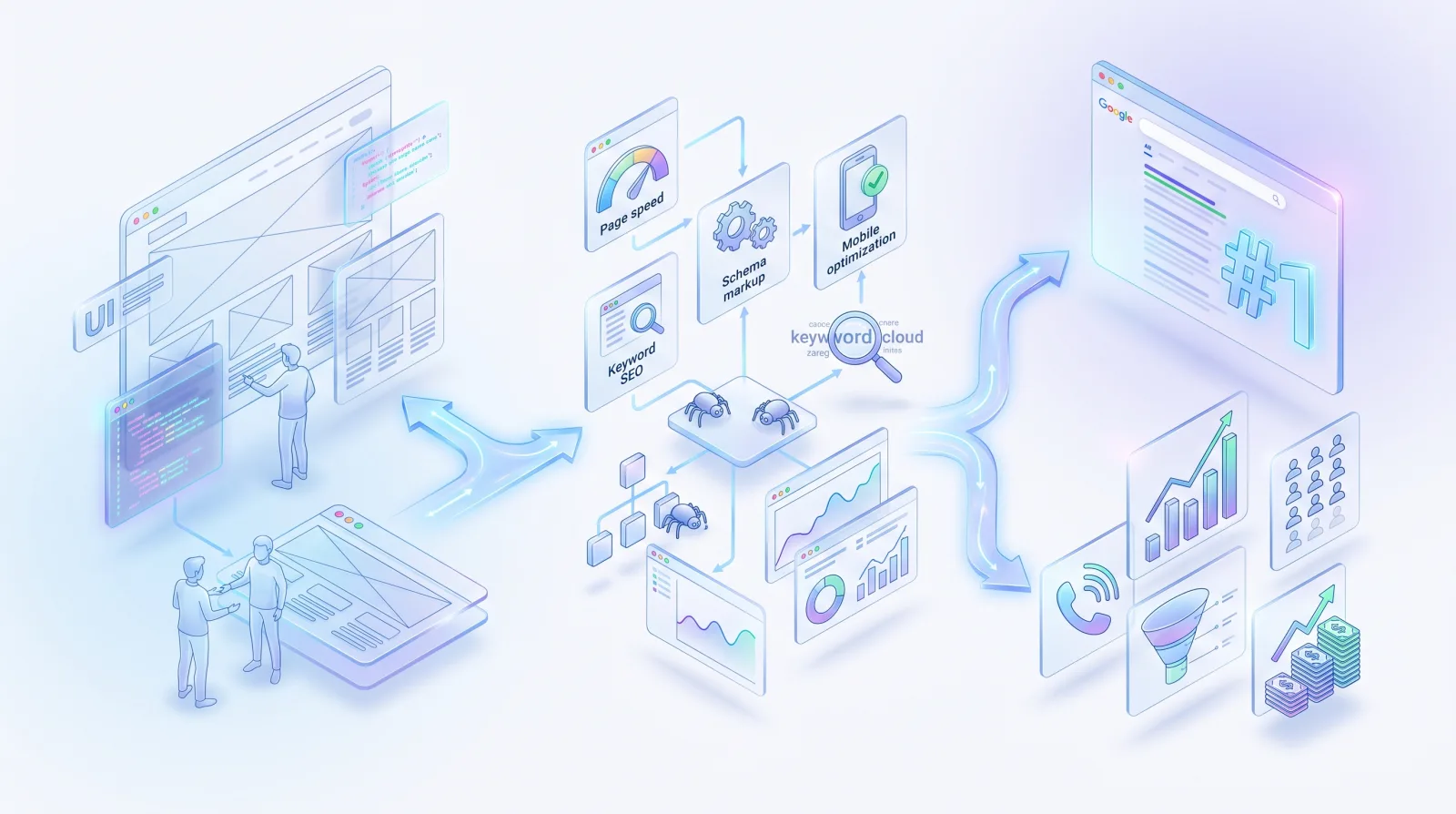Local SEO and technical website optimization flow with page speed, mobile, schema, and keyword cloud for Web design and SEO for Aurora, IL.