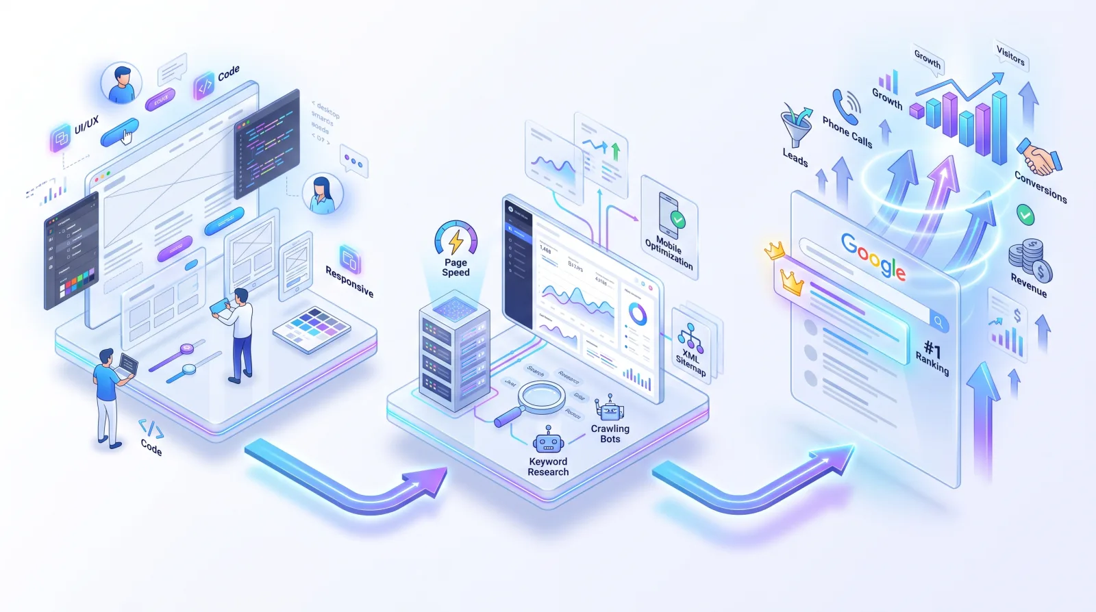 UI UX website design, mobile optimization, analytics, and Google search growth illustration for Website Redesign in Aurora, IL.