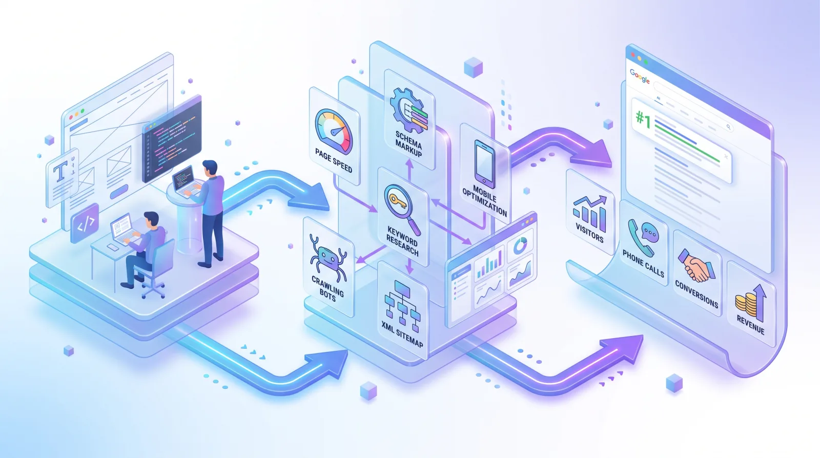 Website development and mobile SEO workflow leading to search visitors, phone calls, and conversions for Salon Website Guide.