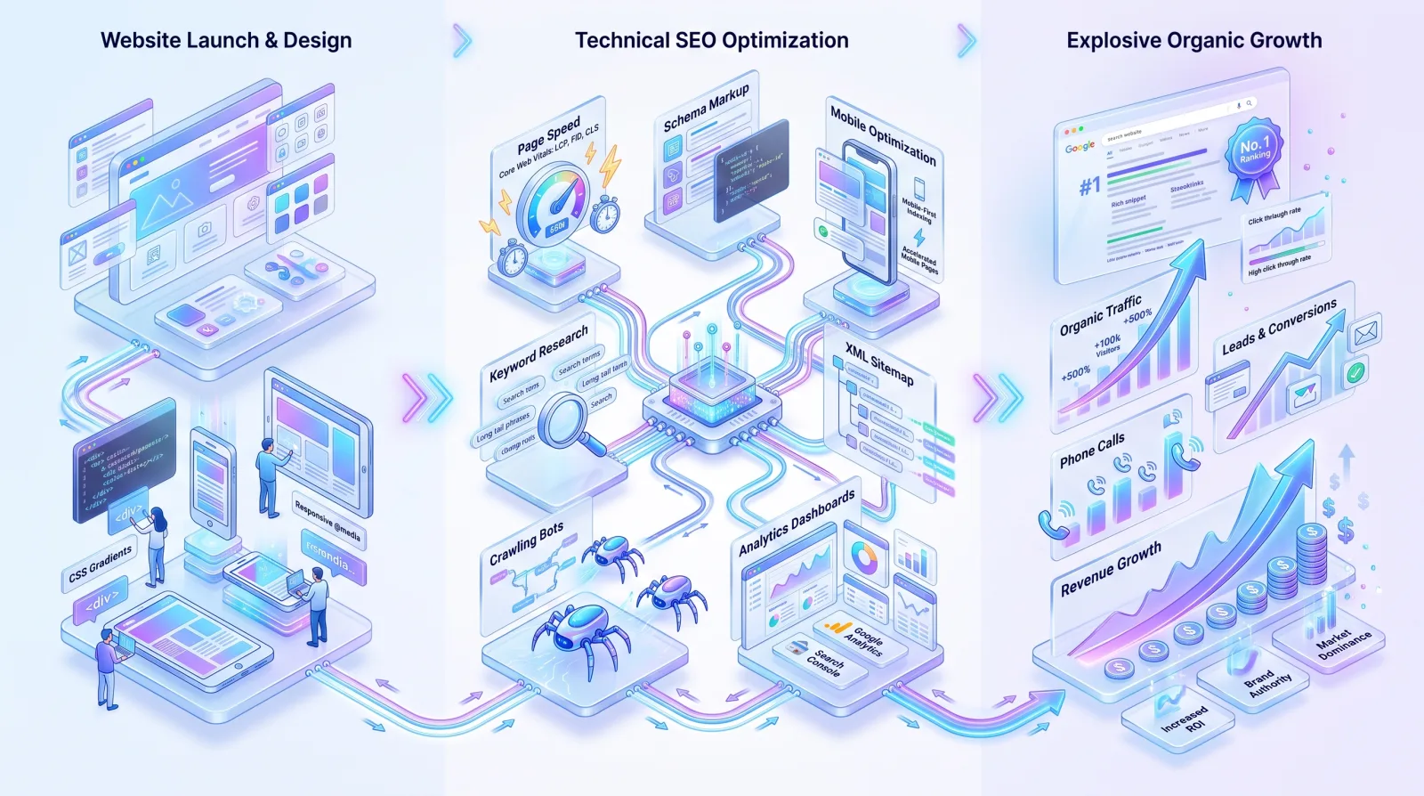 Website launch, technical SEO optimization, organic traffic, phone calls, leads, and revenue growth for Website Redesign Checklist.