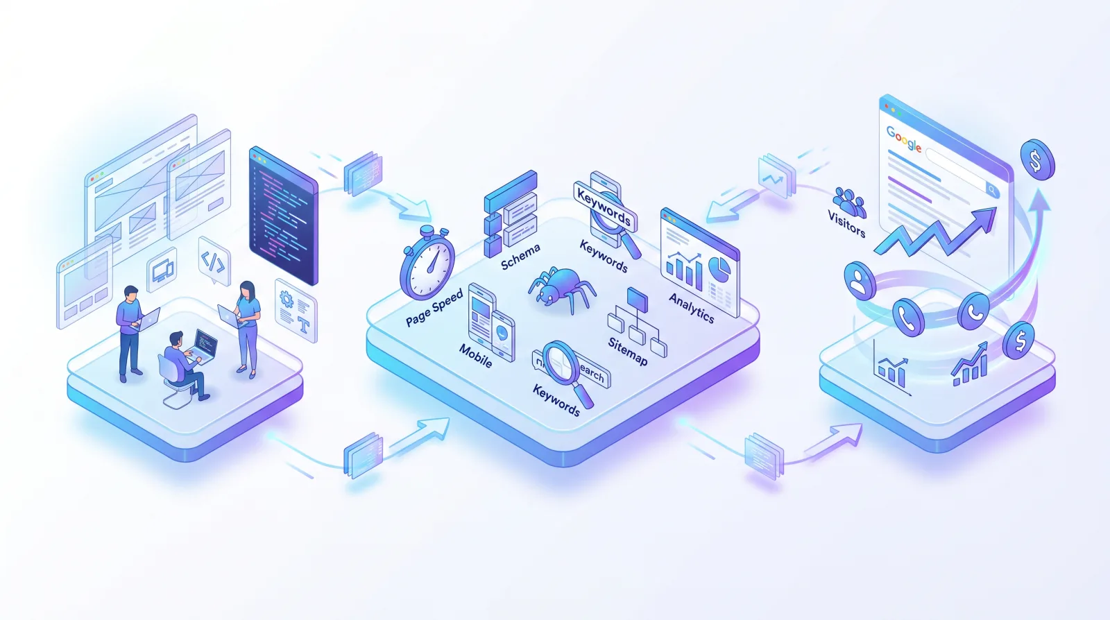 Isometric web design, technical SEO, analytics, and lead growth system for Website, SEO, and growth services.