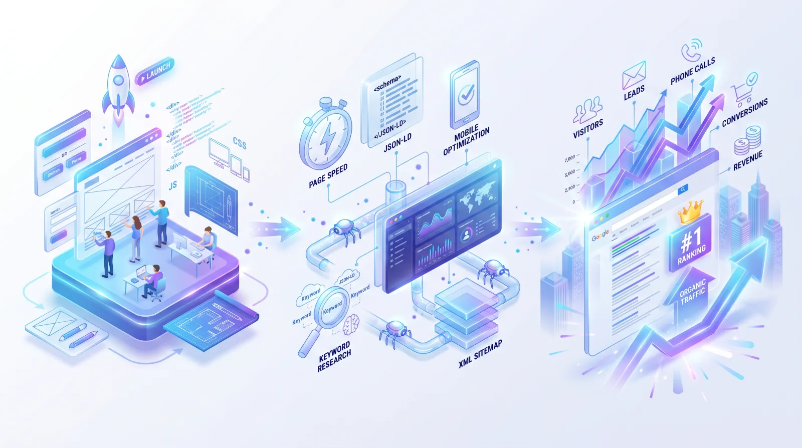 Website launch, page speed, JSON-LD schema, keyword research, rankings, calls, leads, and revenue for PPC / Google Ads Management for businesses that need clearer growth.