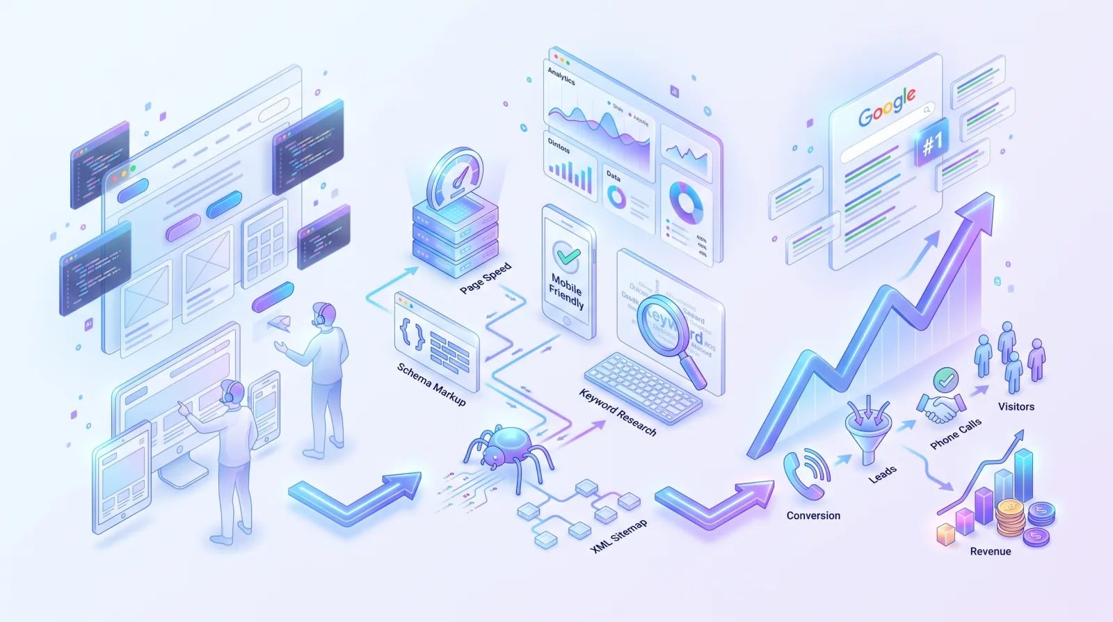 Web design, page speed, keyword research, analytics, and ranking growth illustration for Small Business Web Design for businesses that need clearer growth.
