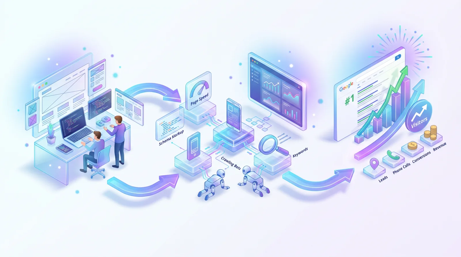 Website development workflow connecting page speed, schema, keyword research, and lead growth for Website Speed Optimization for businesses that need clearer growth.